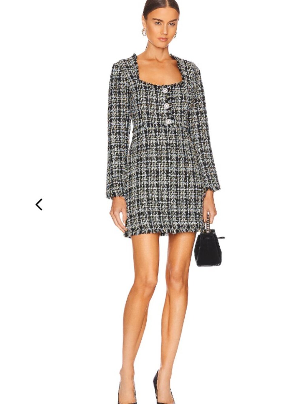 LIKELY Robin Mini Dress Tweed in Black Blue Multi Long Sleeve Festive 4 $268